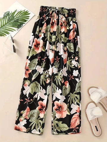 Saashi High Waist Floral Straight-Leg Pants for Women in Lightweight Ice Silk Stretch Fabric