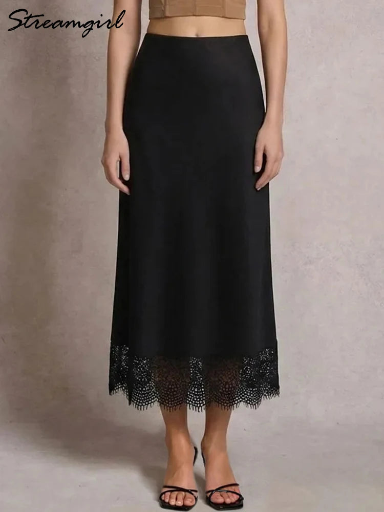 Saashi Women's Satin Long Lace Skirt Summer Elegant Bodycon Champagne Maxi Skirt.