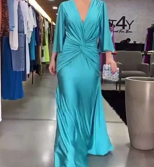 Saashi Elegant Solid A-Line Maxi Dress – V-Neck Long Sleeve Loose Hem Party Wear for Women