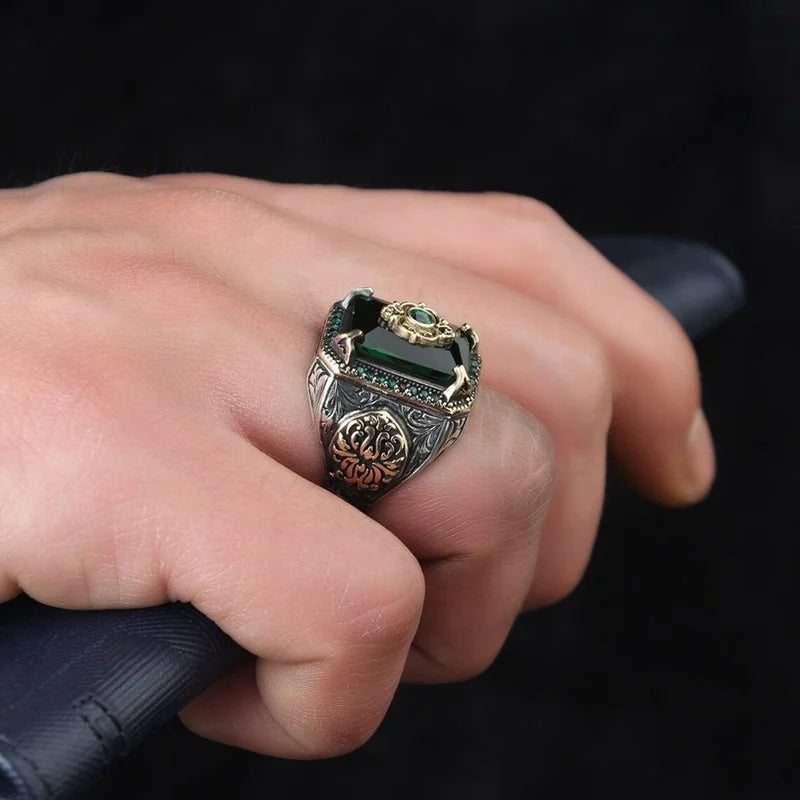 Saashi Retro Turkish Signet Ring: Vintage Green Zircon Punk Style