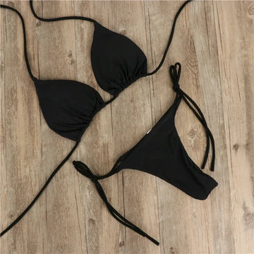 Saashi Women's Solid Color Halter Bikini Set with Triangle Thong