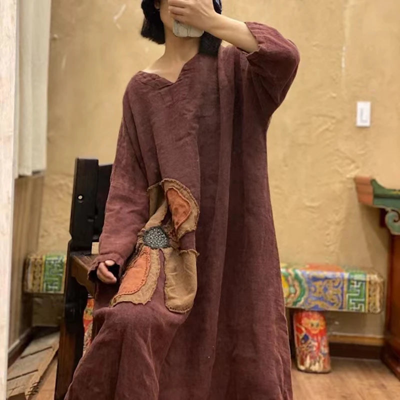 Saashi Oversized Linen Dress Vintage Floral Loose Maxi Style