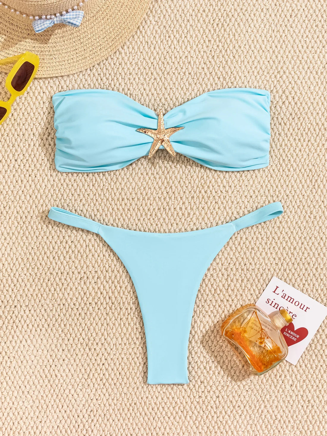 Saashi Sexy Bandeau Bikini Set Sky Blue Starfish Ornament Push Up Thong Swimsuit.