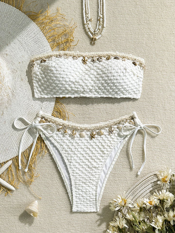 Saashi New Strapless Bikini Set Lace Strap Chest Cushion Sexy Backless Vacation Swimsuit.