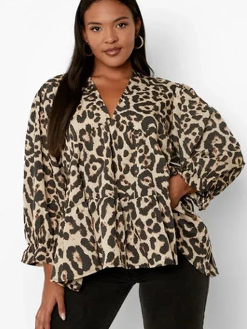 Saashi Plus Size Leopard Print V-Neck Blouse for Women with Ruffle Hem and Lantern Sleeves