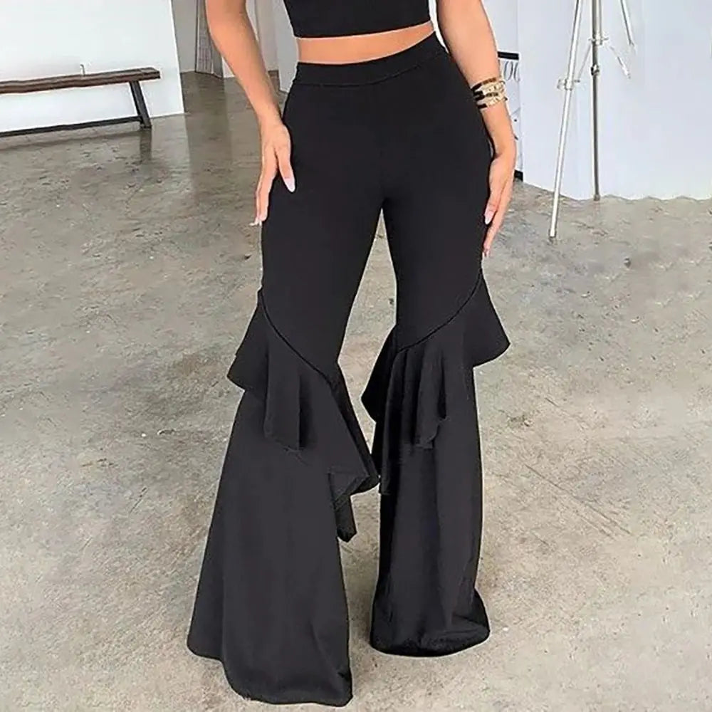 Saashi Ruffle Flared Pants for Women Solid Color Streetwear Trousers S–3XL Casual Fit