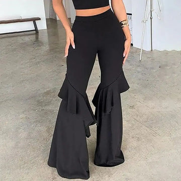 Saashi Ruffle Flared Pants for Women Solid Color Streetwear Trousers S–3XL Casual Fit