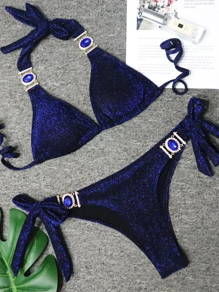 Saashi Shiny Rhinestone Bikini with Metal Chains and Diamond Detail