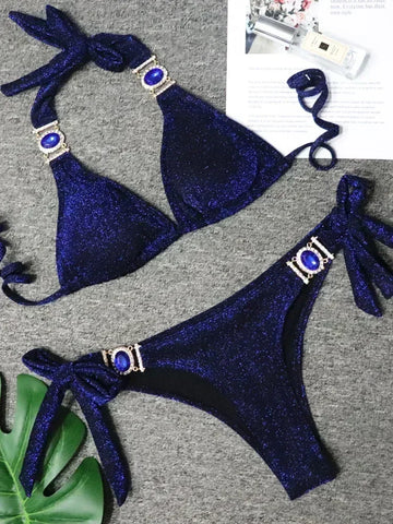 Saashi Shiny Rhinestone Bikini with Metal Chains and Diamond Detail