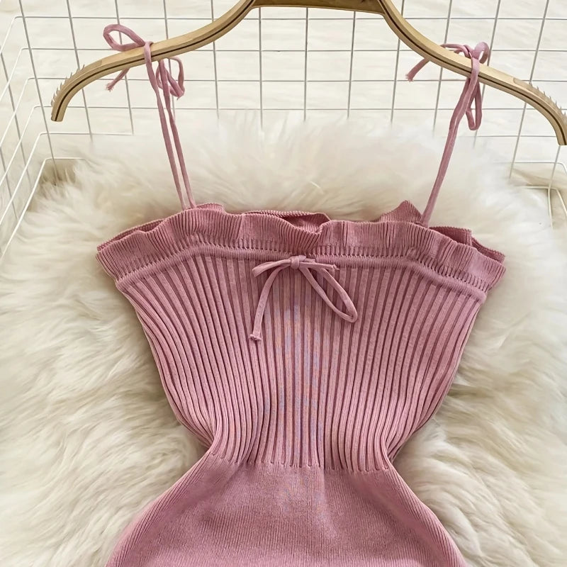 Saashi Pink Ribbed Mini Dress Sleeveless Ruffle Square Neck Style