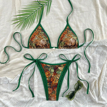 Saashi Green Border Leopard Print Bikini Swimsuit Two Piece Halter Beachwear Women.