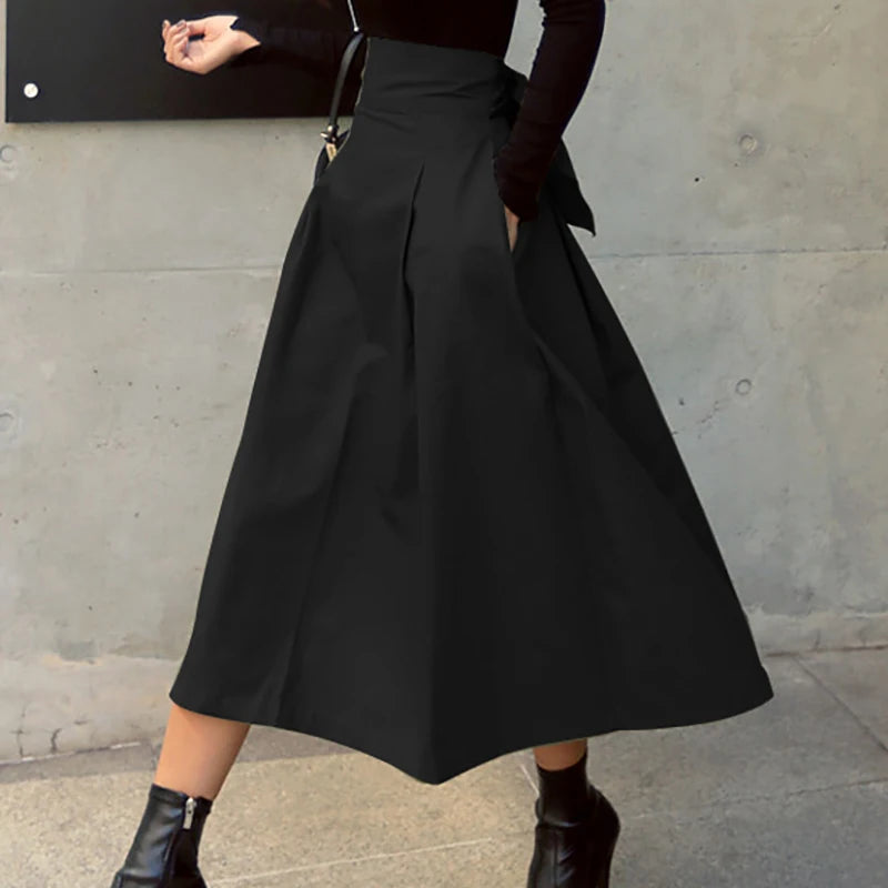 Saashi Women's Korean Fashion Solid Color Big Swing Long High Waist Skirt.