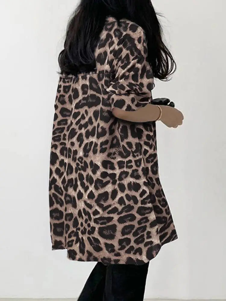 Saashi Bohemian Leopard Print Tunic Shirt for Women Casual Loose Fit Long Sleeve Blouse