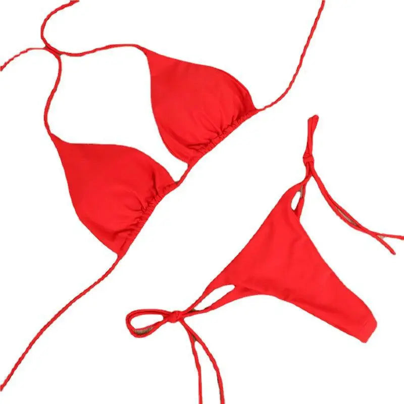 Saashi Women's Solid Color Halter Bikini Set with Triangle Thong