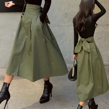 Saashi Women's Korean Fashion Solid Color Big Swing Long High Waist Skirt.