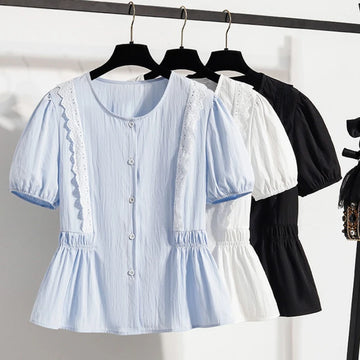 Saashi Plus Size Lace Trim Cinched Waist Doll Shirt – Women's Casual Summer Top