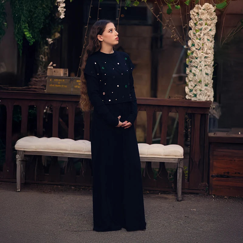 Saashi Floral Pearl Maxi Dress for Women – Long Sleeve Ribbed Casual Round Neck Wear XS–XXXL