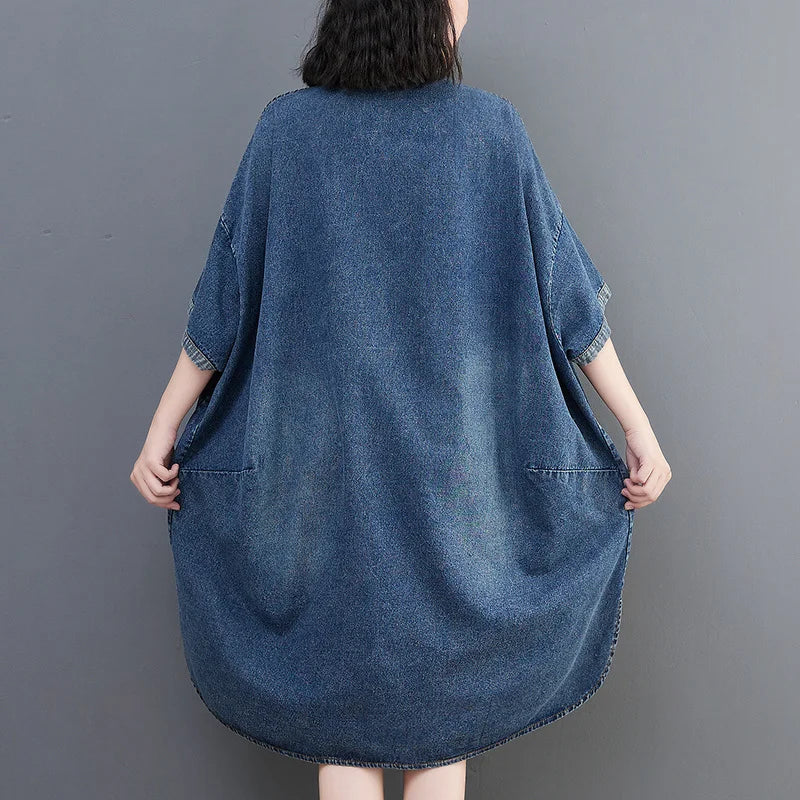 Saashi Denim Shirt Dress Polo Neck Loose Vintage Knee Length Style