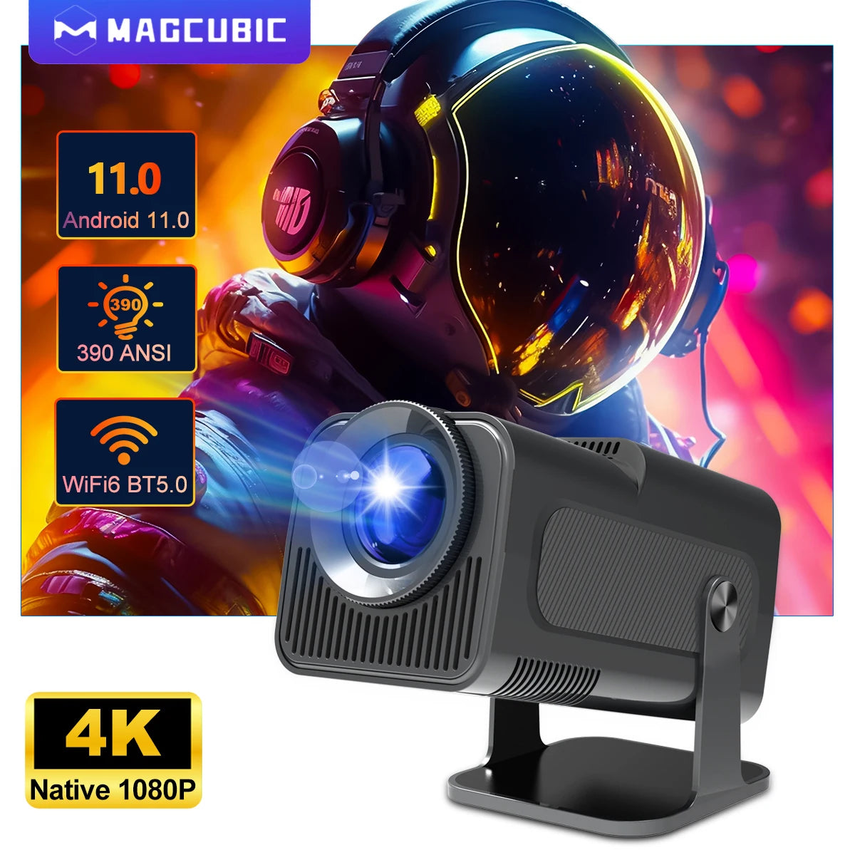 Saashi Magcubic 4K Android 11 Projector Native 1080P Dual WiFi 6 BT5.0 Cinema Portable Projector