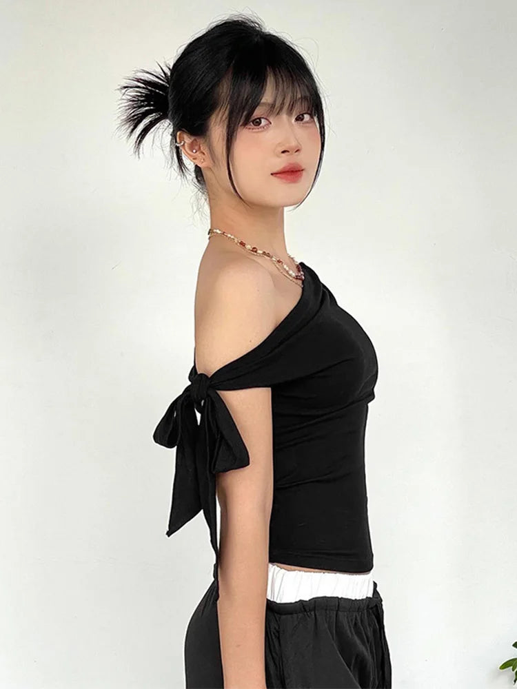 Saashi One Shoulder Crop Top Backless Twist Summer Casual Style