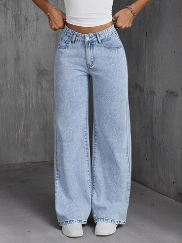 Saashi Women's Y2k Light Blue Wide Leg Denim Pants Loose Fashion Casual.