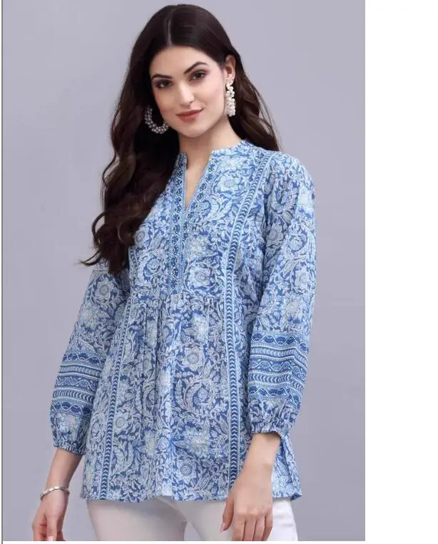 Saashi Printed V-Neck Cotton Top Traditional Pakistani/Indian Ethnic Wear for Women