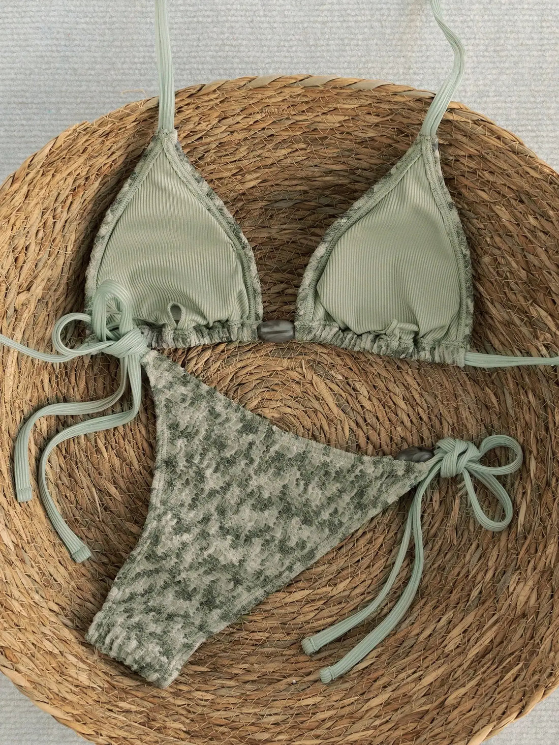 Saashi Mint Green Textured Halter Triangle Tie Side Bikini Set Two Piece Swimsuit.