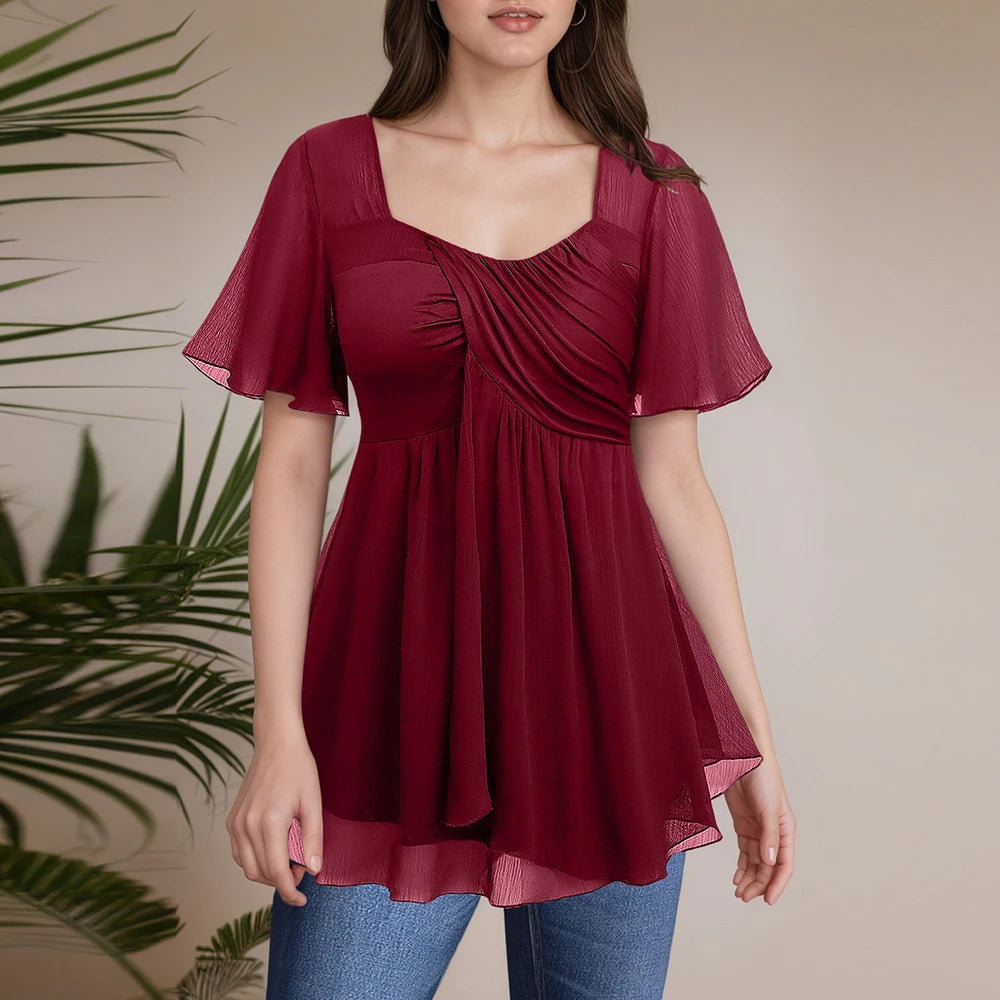Saashi Elegant Double Ruffle Plus Size Blouse for Women with Square Collar Ruched Chiffon Short Sleeves