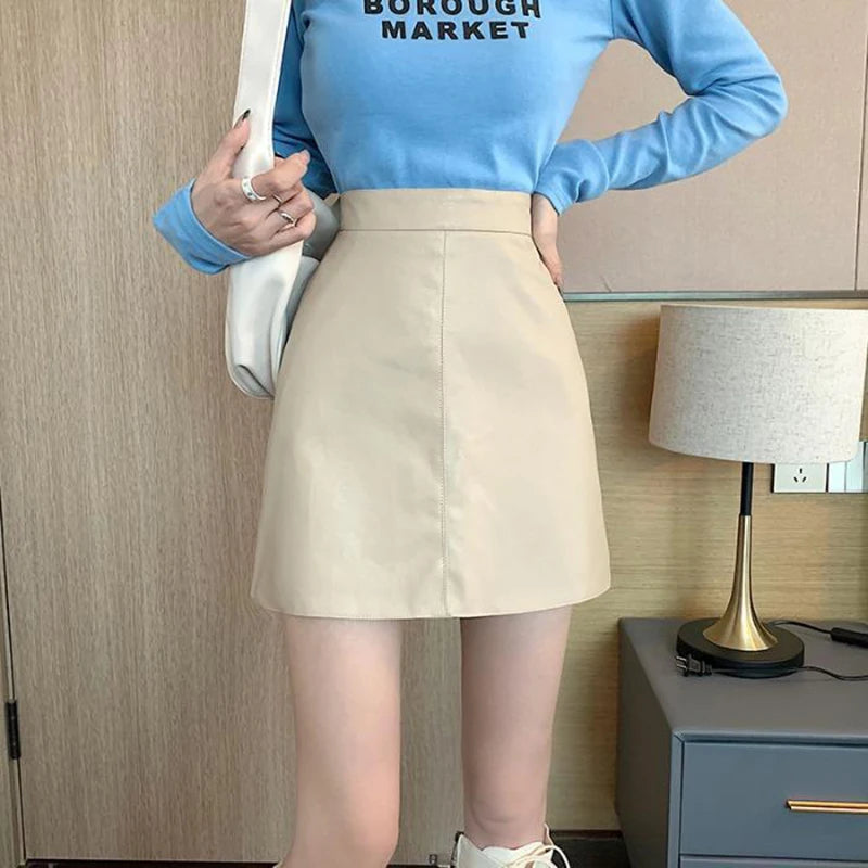 Saashi Women's PU Leather Mini Skirt Vintage Slim Fit High Waist A-Line.