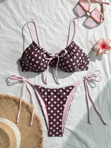 Saashi Vintage Brown Pink Polka Dot Bikini Set High Cut Two Piece Swimsuit.