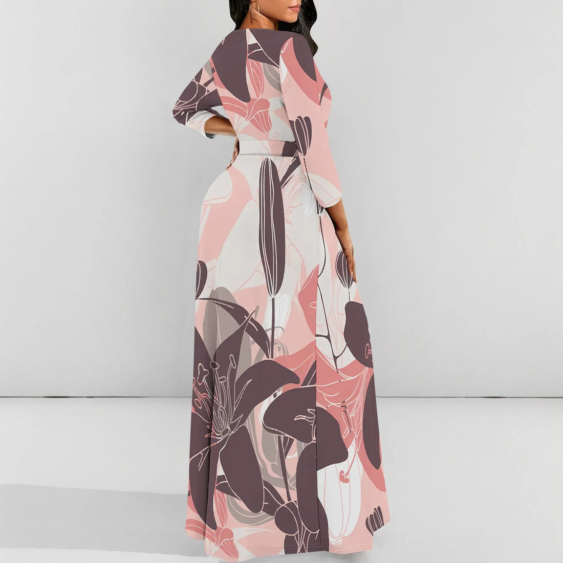 Saashi Vintage Floral Print Maxi Dress – Elegant Long Sleeve Belted Gown for Women