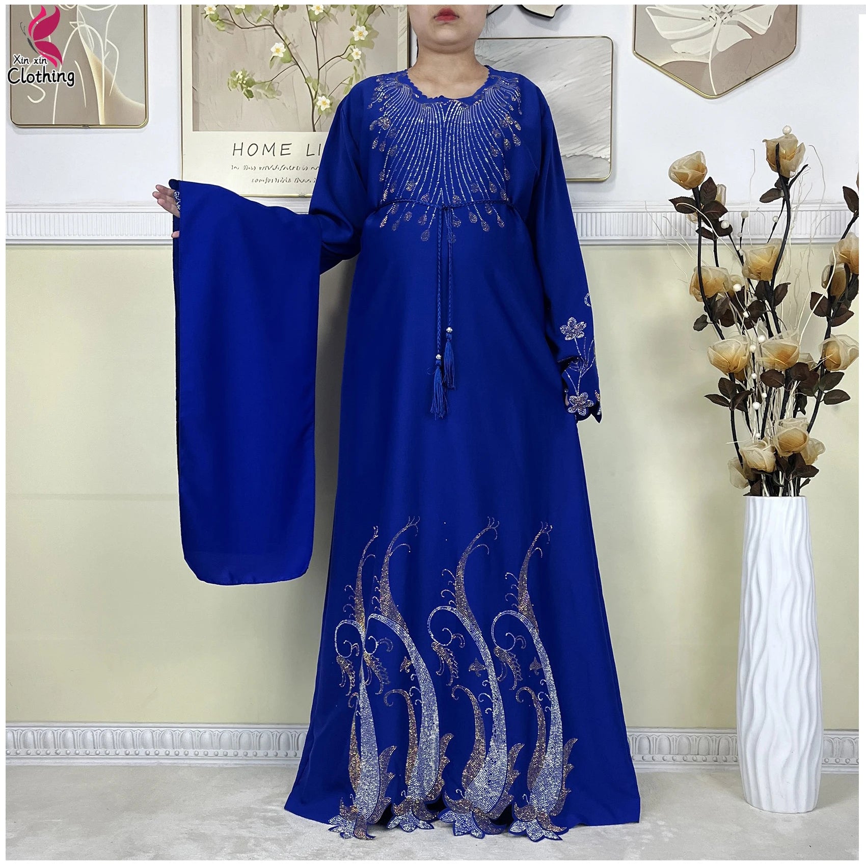 Saashi Elegant Chiffon Abaya Dress for Women with Long Sleeves and Diamond Details