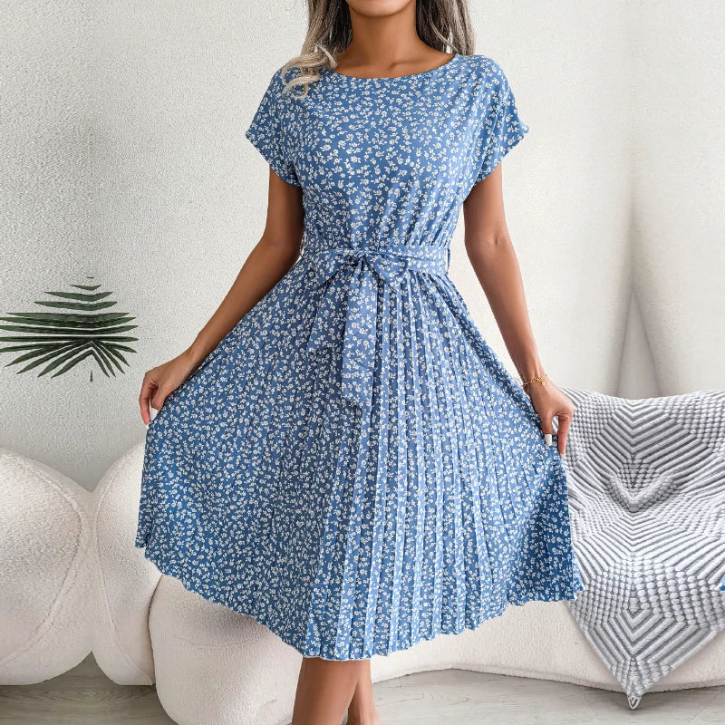 Saashi Floral Midi Dress Short Sleeve Boho A Line Summer Style