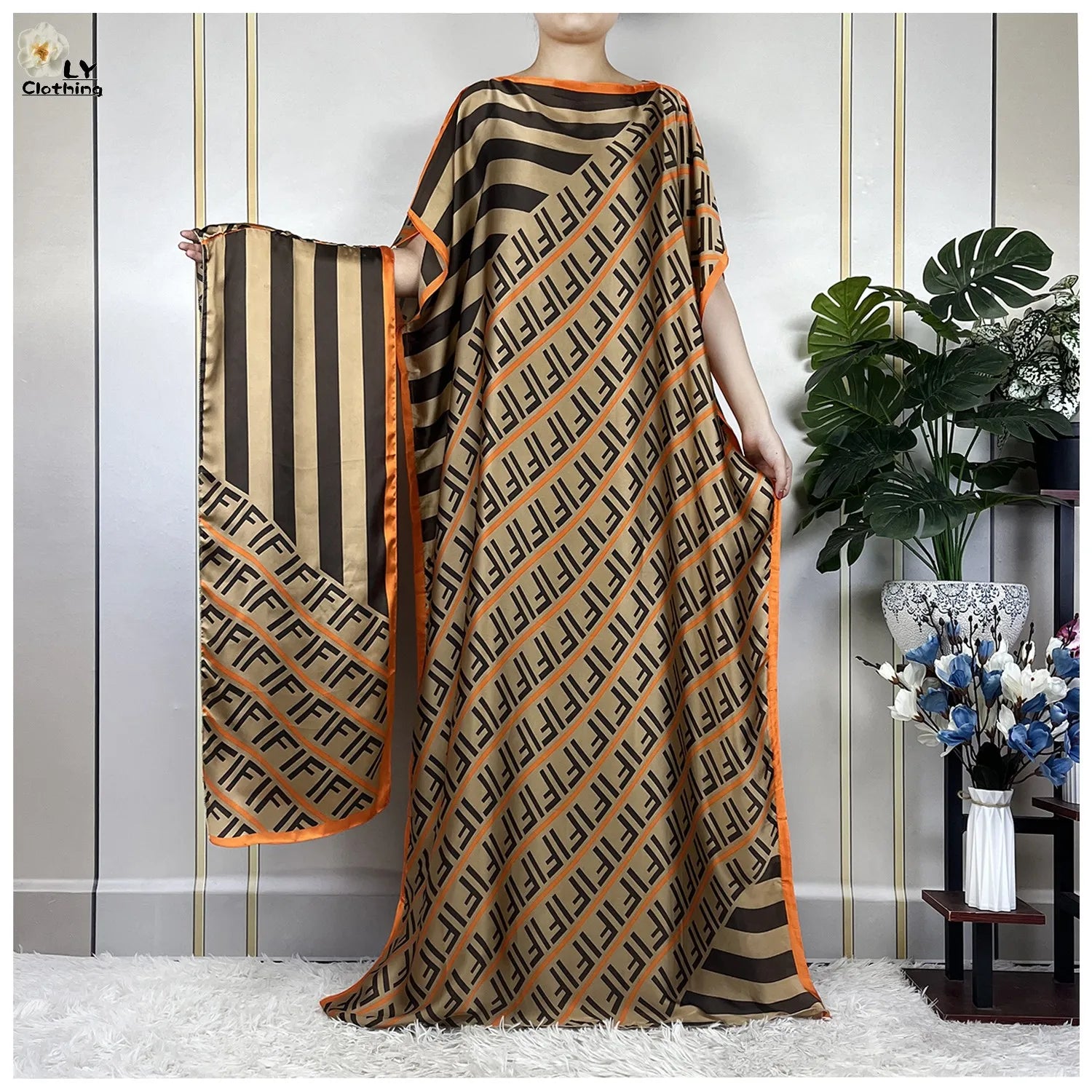 Saashi Muslim Abaya for Women Printed Silk Loose Maxi Dress with Belt and Turban