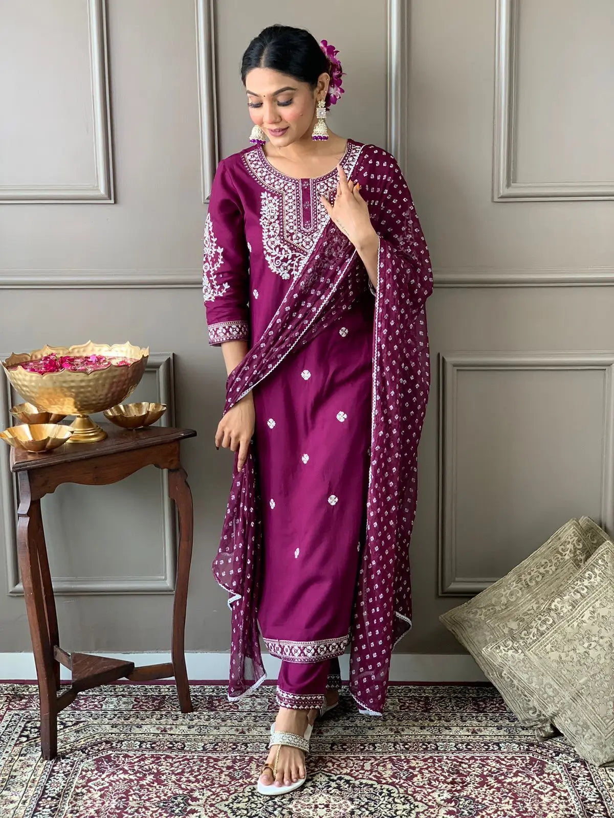 Saashi Rayon Kurti Pant Dupatta Set Pakistani/Indian Ethnic 3/4 Sleeve Salwar Kameez