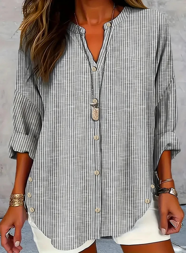 Saashi Plus Size Women’s V-Neck Striped Long Sleeve Button Shirt Casual Classic Fit Workwear