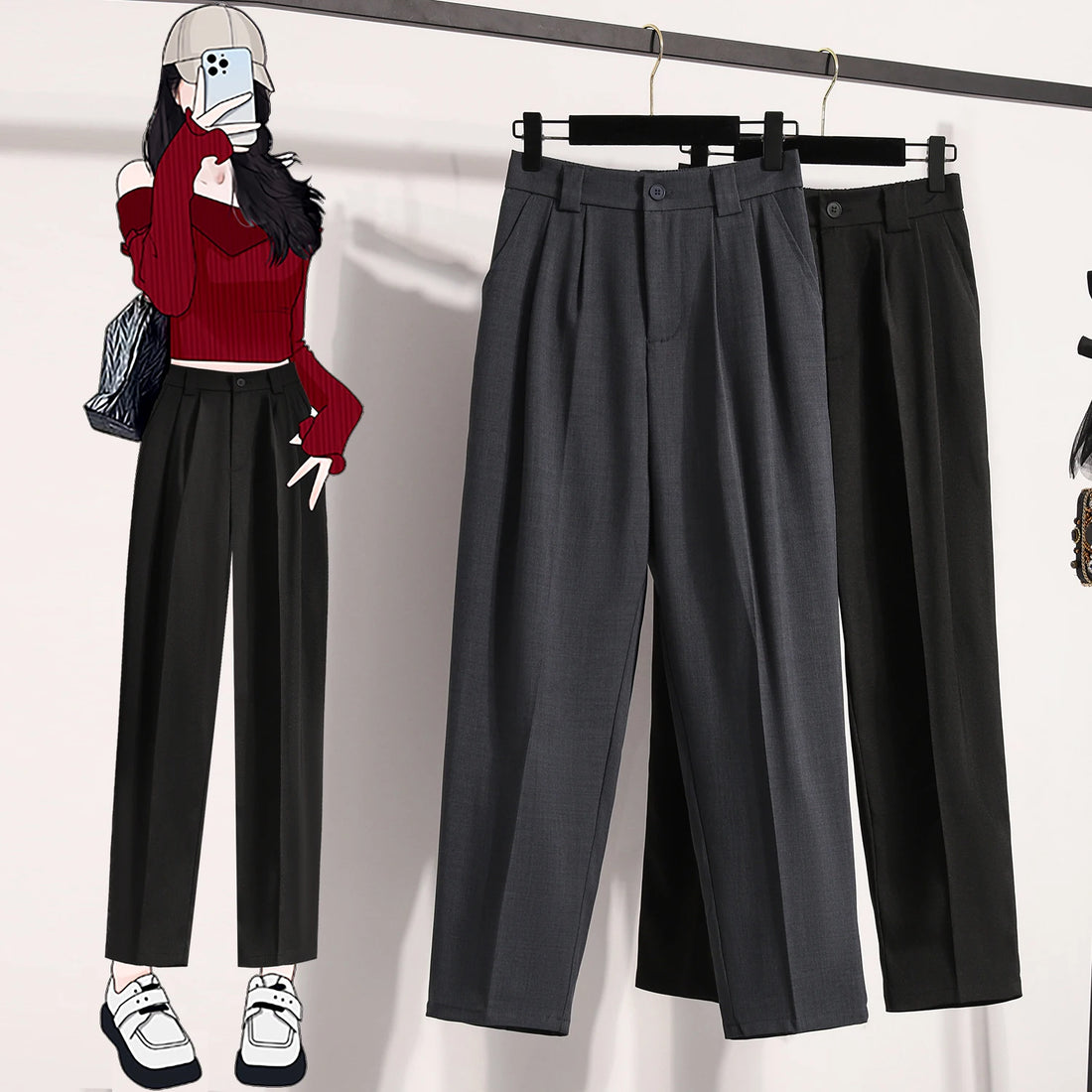 Saashi Plus Size High Waist Suit Pants for Women Gray or Black Casual Trousers