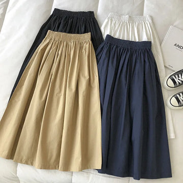 Saashi Women's Black Midi Skirt High Waist Korean Style Pleated A-Line Skirt.