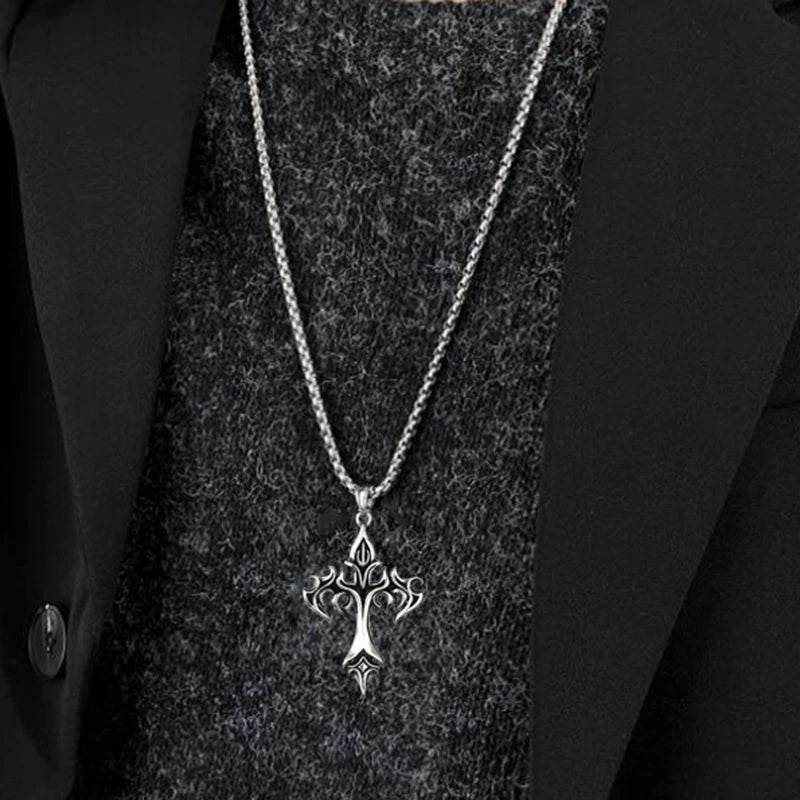 Saashi Hip Hop Flame Cross Pendant – Stainless Steel Retro Necklace