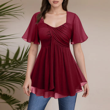 Saashi Elegant Double Ruffle Plus Size Blouse for Women with Square Collar Ruched Chiffon Short Sleeves
