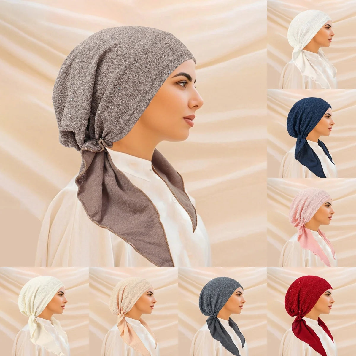 Saashi Shiny Glitter Pre-Tied Hijab Wrap for Muslim Women Elastic Turban Bonnet Head Scarf