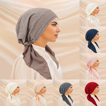 Saashi Shiny Glitter Pre-Tied Hijab Wrap for Muslim Women Elastic Turban Bonnet Head Scarf