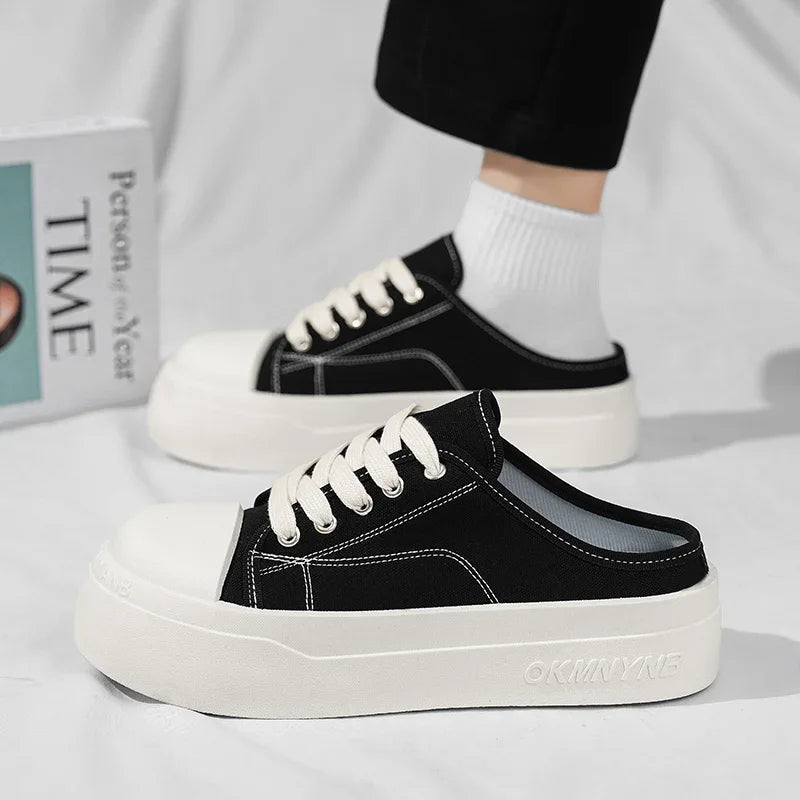 Saashi Summer Canvas Sneakers Men Half Shoes Breathable Slip-on Mules Street Style Platform.
