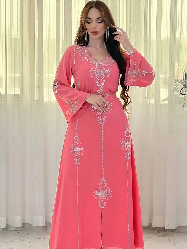 Saashi Eid Muslim Abaya Party Dress for Women with Diamond Lace-Up Jalabiya Robe