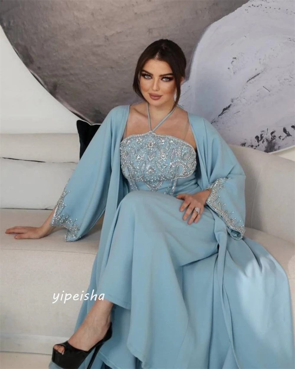 Saashi Beaded Draped A-Line Halter Dress – Customized Midi Occasion Gown for Women Beach Events