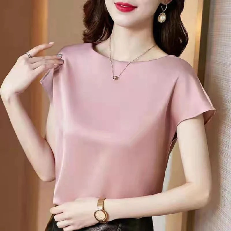 Saashi Satin Blouse Short Sleeve Loose Fit Office Casual Top