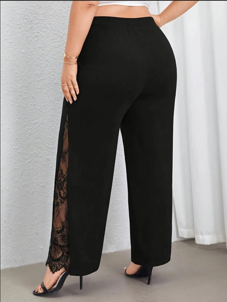 Saashi Plus Size Black Wide Leg Pants for Women with Lace Patchwork and Elastic Waist