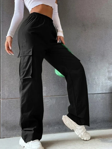 Saashi Women's Y2K Solid Ripped Baggy Pants Elastic Waist Streetwear Cargo Trousers.