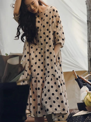 Saashi Cotton Linen Midi Dress Round Neck Polka Dot A Line Style