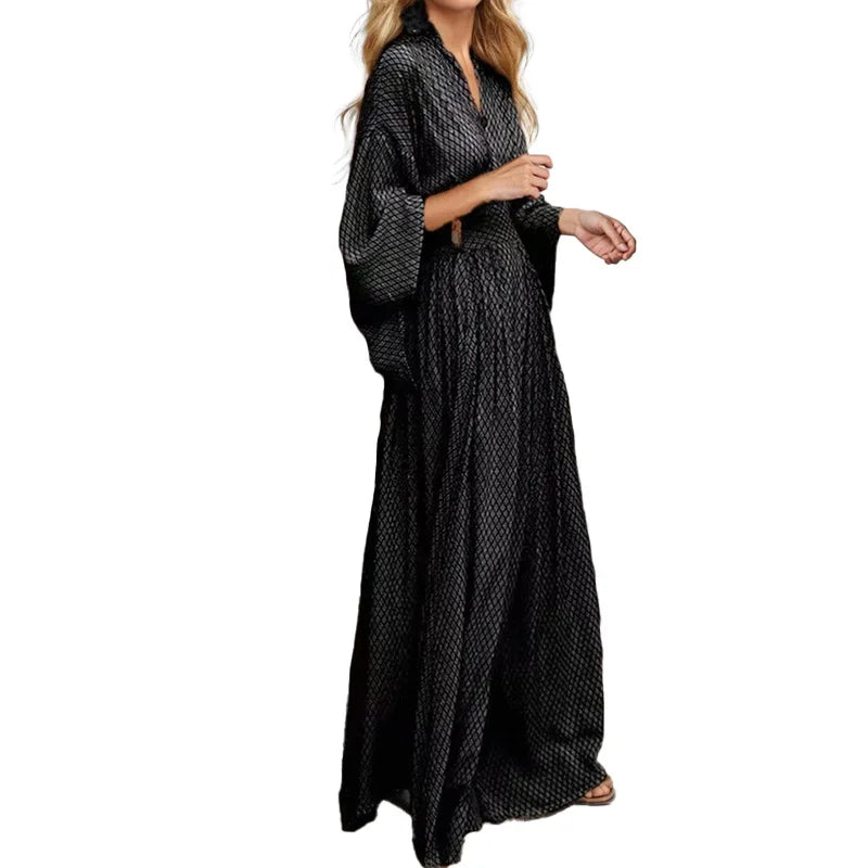 Saashi Elegant Folded V-Neck Maxi Dress – Long Sleeve Vacation Style Party Wear for Women